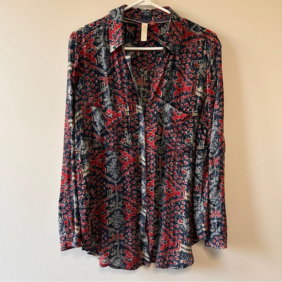Pilcro Anthropologie Leilani Button Front Tunic Top Women’s Size Medium Blue Red - Picture 1 of 13